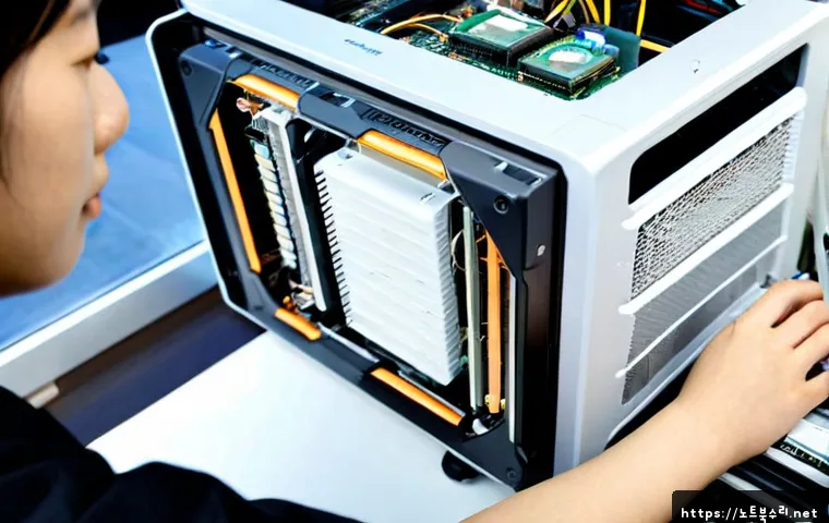 지영동 쿨러조립 및 교체수리 - Photorealistic PC repair workstation in a compact Jiyeong-dong apartment office, technician carefull...