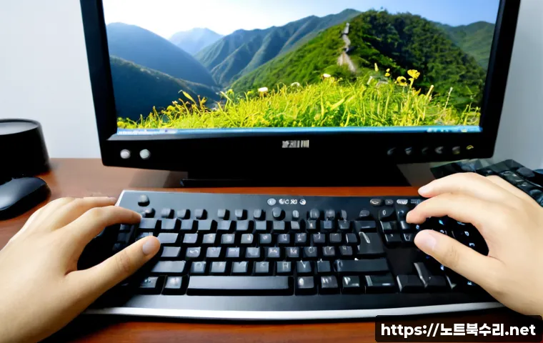 벽제동 Press Ctrl Alt Del to restart - Photorealistic remote-support workstation in a quiet suburban Korean office near low wooded hills, d...