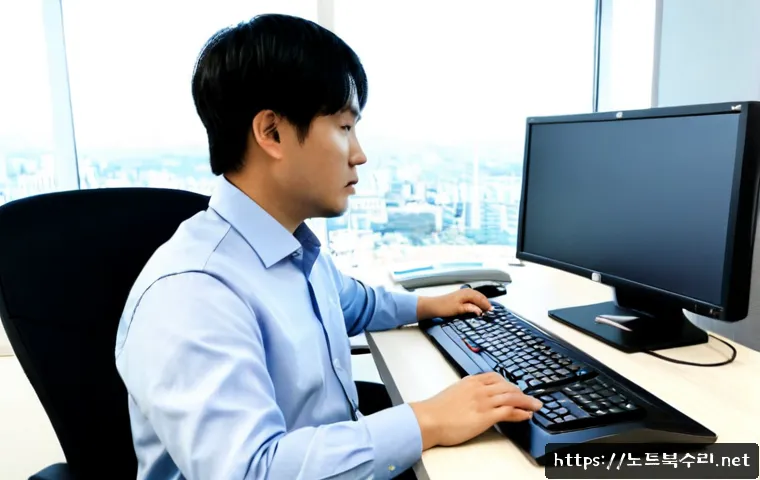 정자동 DRIVER_PORTION_MUST_BE_NONPAGED - Photorealistic IT support workstation in a modern Jeongja office tower, dual monitors showing a clea...