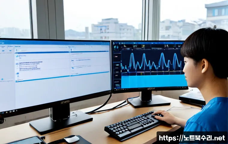 창천동 STATUS_KERNEL_THREAD_TIMEOUT - Photorealistic remote IT support workstation in a compact Changcheon-dong apartment office, dual mon...