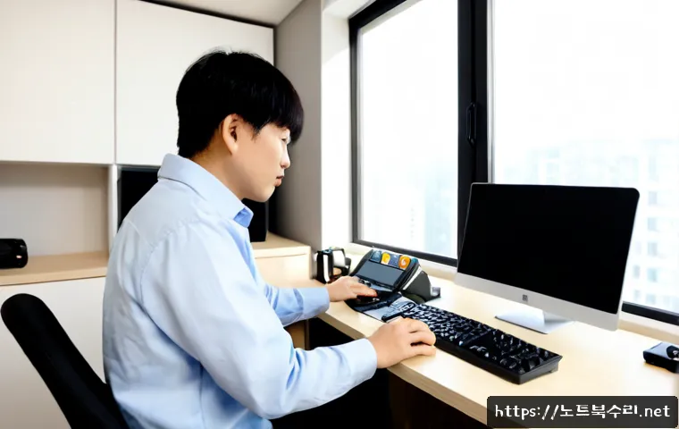 자작동 출장방문윈도우 windows 설치 - Photorealistic remote-support technician installing Windows on a sleek desktop workstation in a comp...