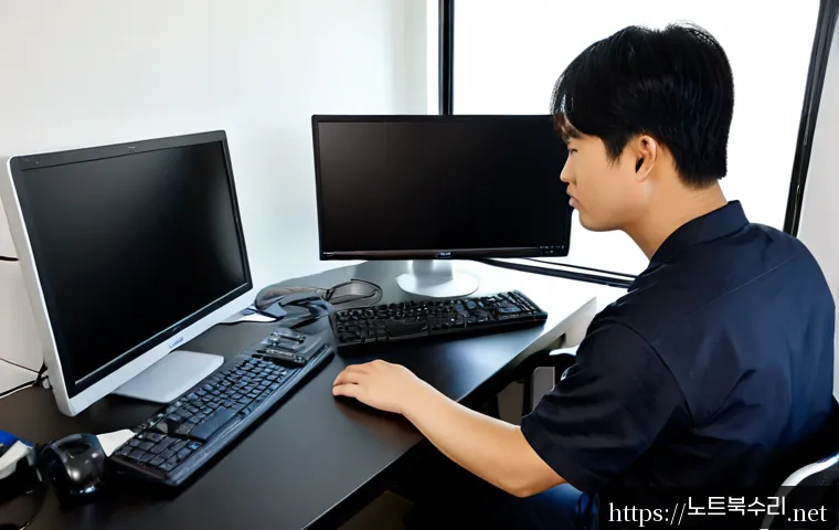 감이동 입력신호가 없습니다 - Photorealistic IT support workstation in a quiet Gami-dong apartment office, dual monitors with one ...