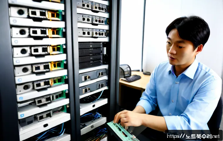 도마교동 파일서버출장방문수리점 - Photorealistic onsite file server repair in a compact Domagyo-dong office, technician connecting dia...