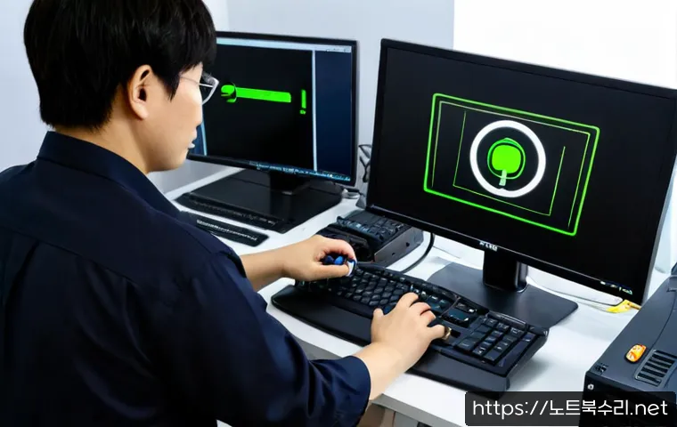 야동동 a disk read error occurred - Photorealistic IT support workstation in a compact Korean office, desktop monitor showing a dark sta...
