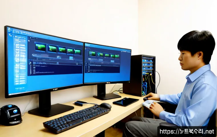 고림동 INVALID_KERNEL_HANDLE - Photorealistic IT support workstation in a quiet Korean suburban apartment office, dual monitors sho...