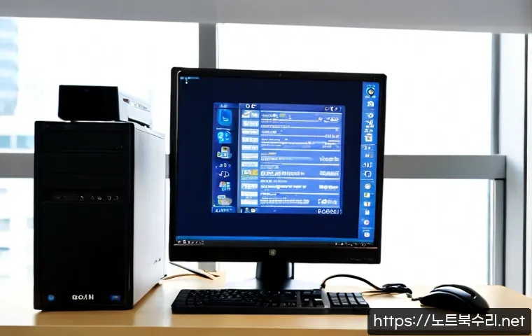 처인구 STATUS_KERNEL_EXECUTION_ERROR - Photorealistic IT support workstation in Cheoin-gu, Yongin, dual monitors showing a blank blue diagn...