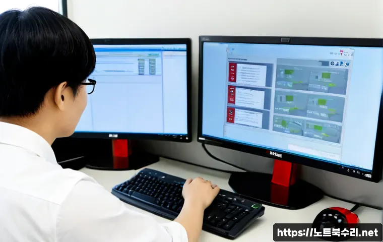 항동 STATUS_NETWORK_ACCESS_DENIED - Photorealistic IT support workstation in a modern Hang-dong office, dual monitors showing a generic ...