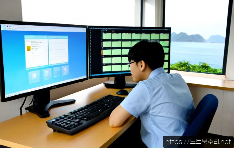 북도면 STATUS_IO_TIMEOUT - Photorealistic remote-support workstation in a quiet coastal township office, IT specialist studying...
