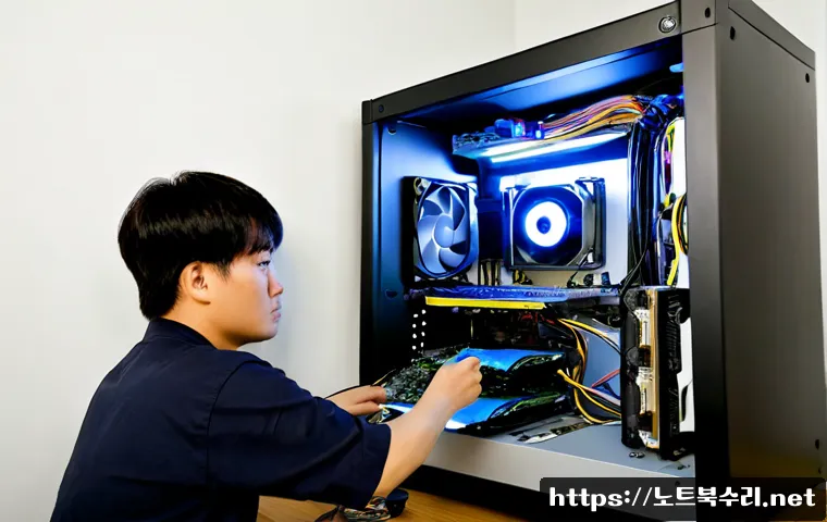 장안동 하드조립 및 교체수리 - Photorealistic desktop computer repair workstation in Jangandong, technician carefully installing a ...