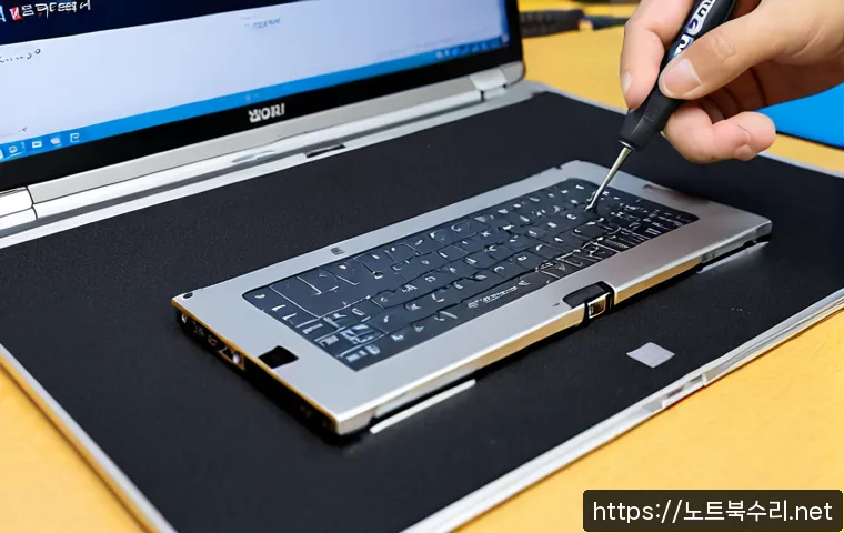 가업동 맥북에어 판매 및 수리 - Photorealistic Gaeop-dong laptop service studio, technician carefully replacing a battery inside a t...