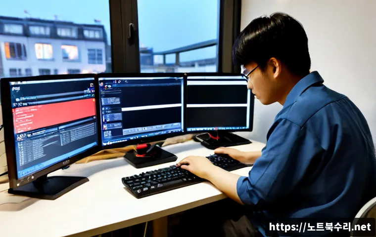 신월동 STATUS_MODULE_ACCESS_DENIED - Photorealistic remote-support workstation in a compact Sinwol-dong apartment office, dual monitors s...