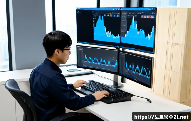 남북동 PFN_LIST_CORRUPT - Photorealistic IT support workstation in a modern office, dual monitors showing a nonverbal blue dia...
