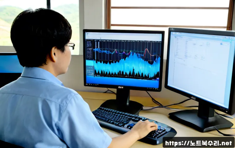 이동면 PAGE_FAULT_IN_NONPAGED_AREA - Photorealistic IT support workstation in a quiet rural Korean township office, dual monitors display...