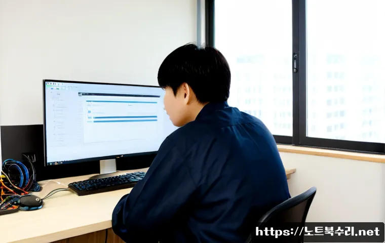 금암동 REGISTRY_ERROR - Photorealistic IT support workstation in a quiet Geumam-dong apartment office, dual monitors showing...