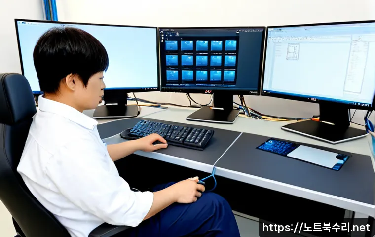 주자동 STATUS_DISK_WRITE_FAILURE - Photorealistic automotive CAD workstation in a clean Korean vehicle design studio, dual monitors sho...