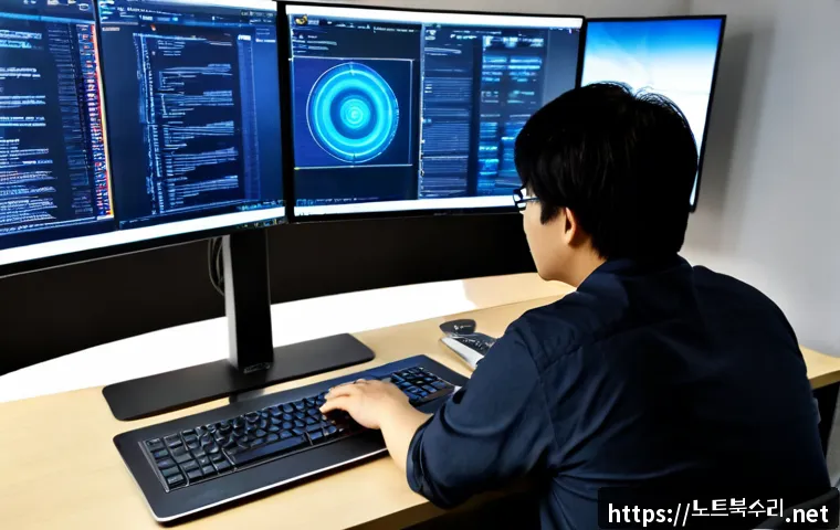 구리시 STATUS_KERNEL_MODULE_ACCESS_DENIED - Photorealistic IT support workstation in a modern Guri office, developer reviewing a dark laptop scr...