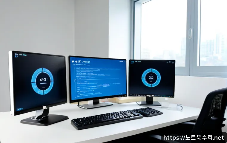 고매동 STATUS_MODULE_ACCESS_DENIED - Photorealistic remote-support workstation in a modern Gomae-dong office, dual monitors showing a cle...