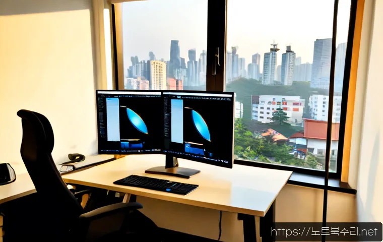 하중동 절전모드 - Photorealistic modern workstation in a quiet Hadong neighborhood office, dual monitors showing a dim...