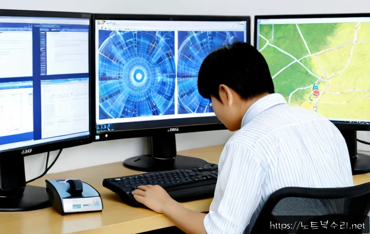 양지면 STATUS_KERNEL_MODE_EXCEPTION - Photorealistic IT support workstation in a quiet Yangji-myeon office, dual monitors showing a non-te...