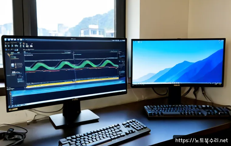 원종동 MEMORY_MANAGEMENT - Photorealistic compact IT workstation in a quiet Korean neighborhood office, dual monitors showing a...
