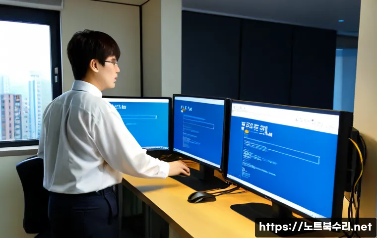 석촌동 STATUS_KERNEL_APC_PENDING - Photorealistic IT support workstation in a compact Seokchon-dong office, dual monitors showing a cle...