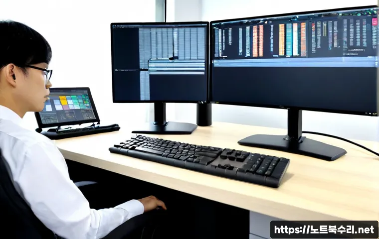 이목동 STATUS_CONTROL_C_EXIT - Photorealistic IT support workstation in a modern office near a quiet Korean residential district, t...