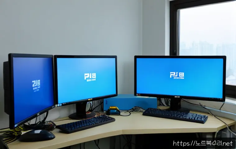 창우동 CLOCK_WATCHDOG_TIMEOUT - Photorealistic PC repair workstation in a compact Changudong apartment office, dual monitors showing...