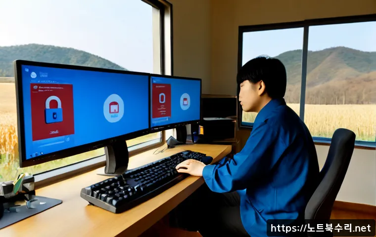 금광면 STATUS_KERNEL_ACCESS_DENIED - Photorealistic remote-support workstation in a quiet rural Korean office, dual monitors showing an a...