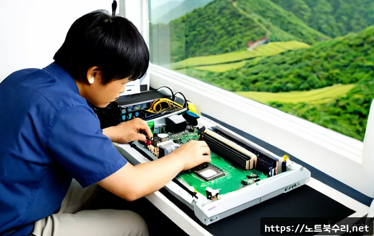 구미동 cpu조립 및 교체수리 - Photorealistic computer repair workstation in a Gumi-dong apartment office, technician carefully ins...