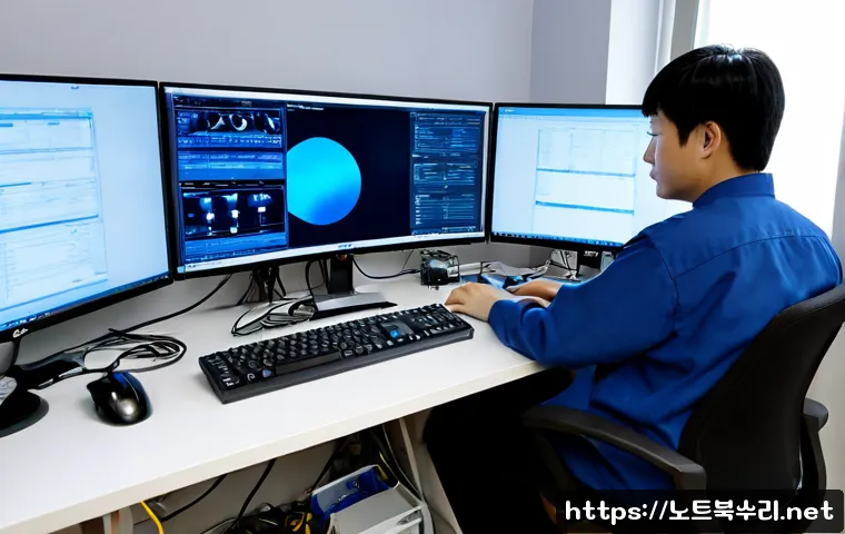 자일동 WATCHDOG_VIOLATION - Photorealistic remote-support workstation in a quiet Jadong-dong apartment office, dual monitors sho...