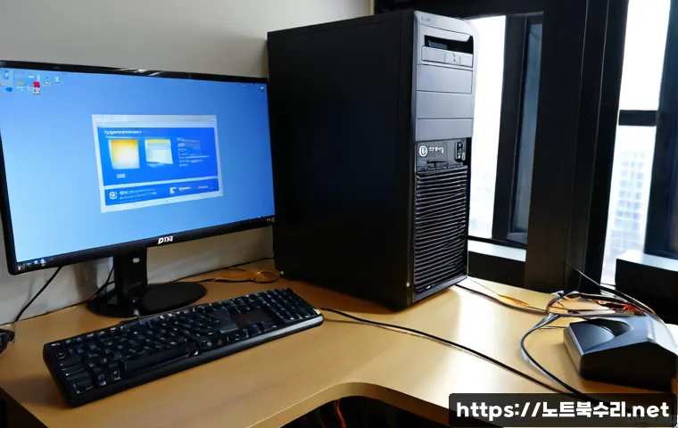 원평동 부팅안됨 - Photorealistic computer repair workstation in a compact Wongpyeong-dong office, desktop tower opened...