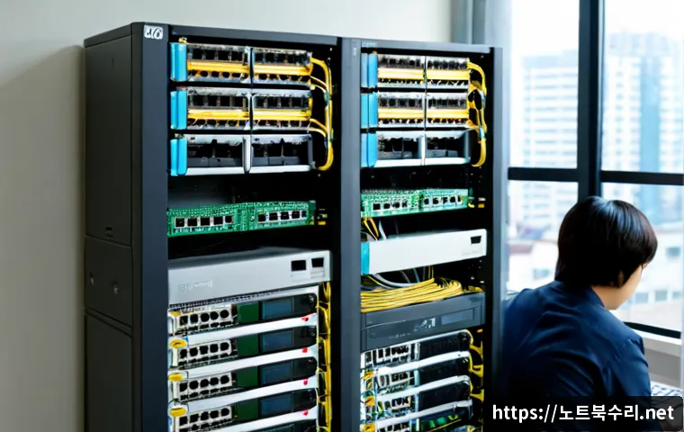 신정동 네트워크구축 설정 및 세팅오류해결 - Photorealistic IT technician configuring a compact network rack in a Sinjeong-dong apartment office,...