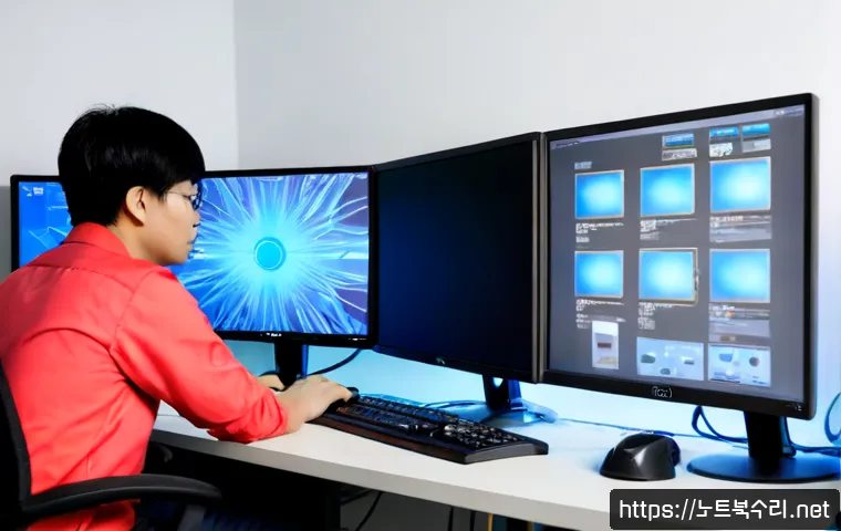 선린동 STATUS_KERNEL_SECURITY_CHECK - Photorealistic IT support workstation in a compact Sunrin-dong office, dual monitors showing abstrac...