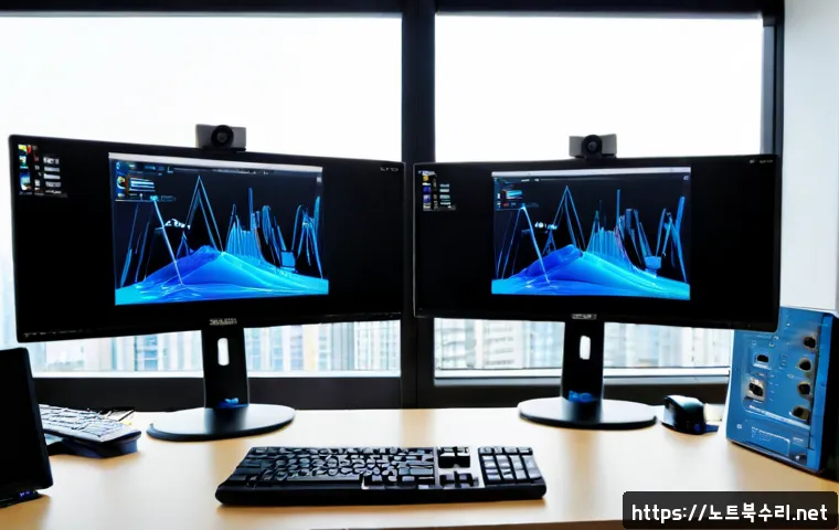 삼송동 STATUS_KERNEL_MODE_EXCEPTION - Photorealistic IT support workstation in a modern Samsong-dong apartment office, dual monitors showi...