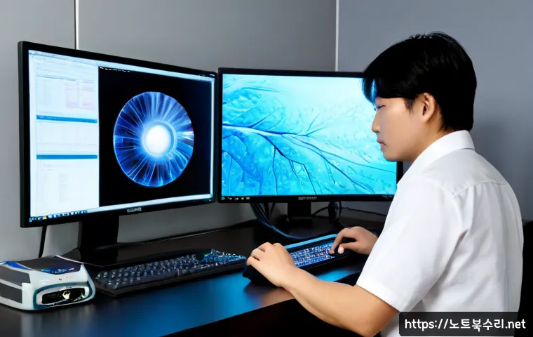 도일동 WIN32K_LOCK_HELD_TOO_LONG - Photorealistic IT support workstation in a compact Doil-dong office, dual monitors showing a frozen ...