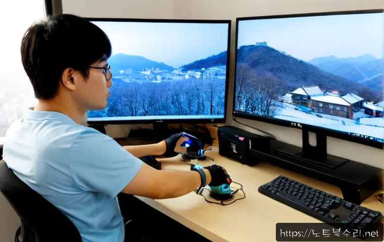 청룡동 THREAD_STUCK_IN_DEVICE_DRIVER - Photorealistic IT support workstation in a compact Cheongnyong-dong apartment office, dual monitors ...