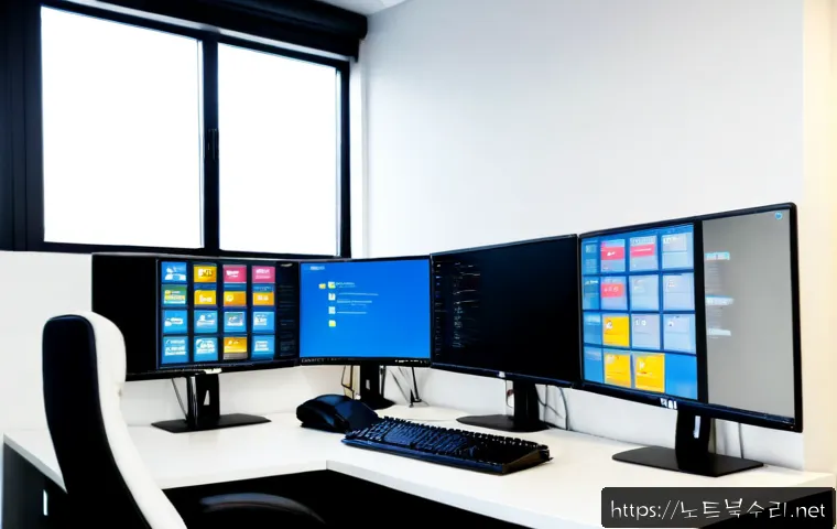 군포동 STATUS_PAGEFILE_MISSING - Photorealistic IT support workstation in a compact Gunpo-dong office, dual monitors showing a clean ...