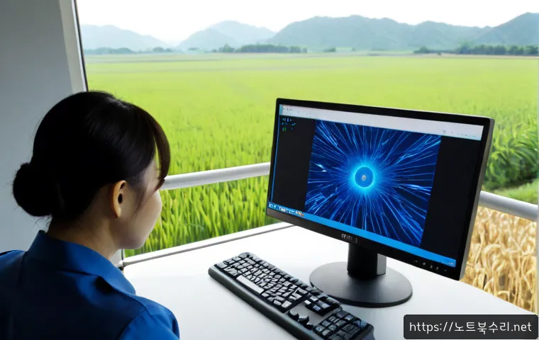 삼죽면 DPC_WATCHDOG_VIOLATION - Photorealistic rural office workstation in Samjuk-myeon, a desktop monitor showing an abstract blue ...