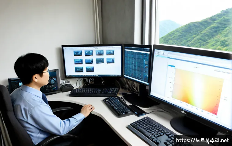 자일동 PFN_LIST_CORRUPT - Photorealistic IT support workstation in a quiet hillside district near Jail-dong, dual monitors sho...