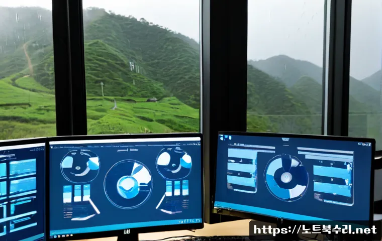 의왕시 KERNEL_MODE_HEAP_CORRUPTION - Photorealistic IT support workstation in a modern Uiwang office, dual monitors showing abstract blue...