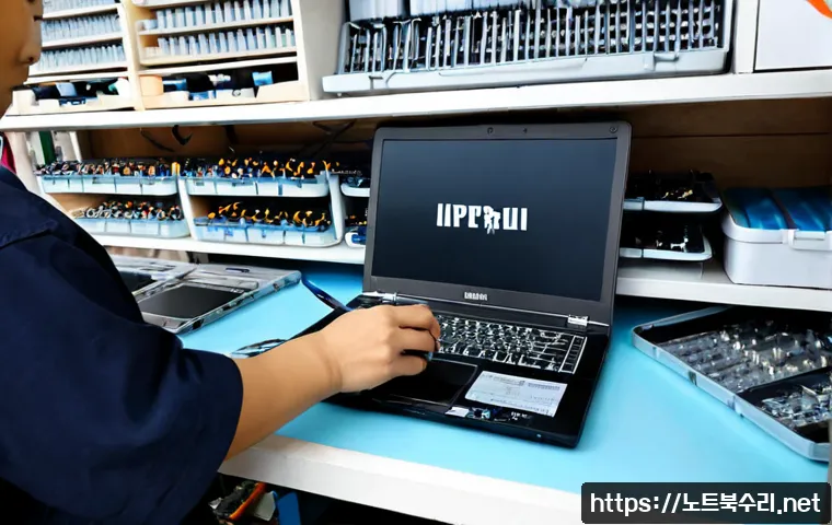 일원동 맥북프로 판매 및 수리 - Photorealistic premium laptop repair workstation in Ilwon-dong, Seoul, a technician carefully replac...