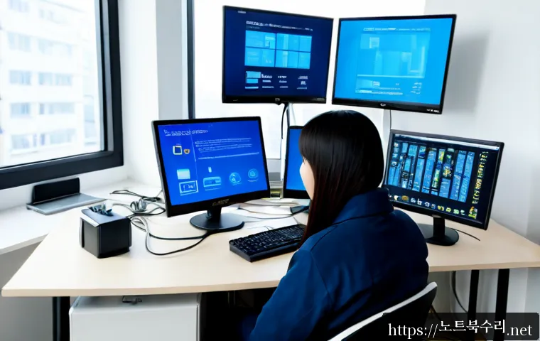 목동 DRIVER_CORRUPTED_EXPOOL - Photorealistic IT support workstation in a modern Mokdong apartment office, dual monitors showing ab...