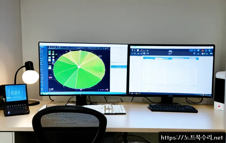 독산동 절전모드 - Photorealistic IT support workstation in a compact Doksan-dong office, dual monitors showing a clean...