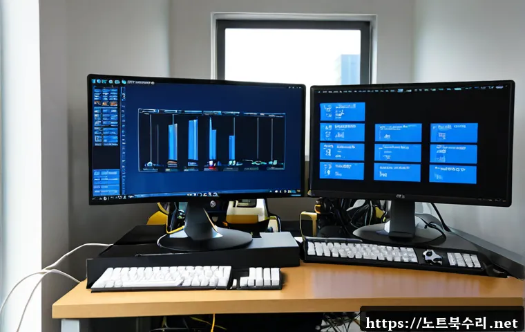 회덕동 BAD_POOL_CALLER - Photorealistic IT support workstation in a quiet Korean suburban office, dual monitors showing a bla...