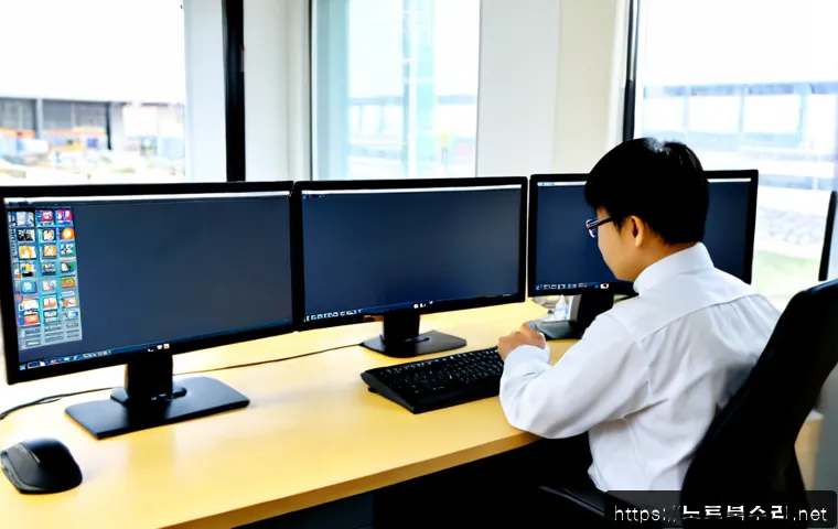 남양읍 STATUS_INVALID_SESSION - Photorealistic remote-support workstation in a Namyang-eup style small business office, dual monitor...