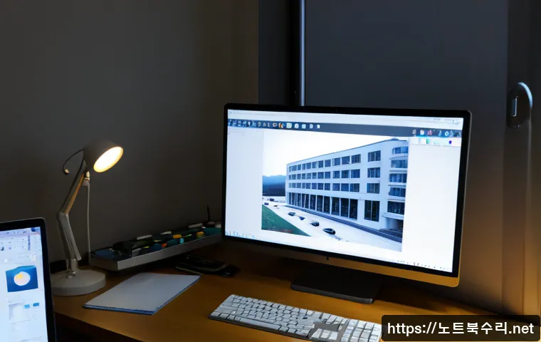 호원동 프로그램응답없음 - Photorealistic architectural workstation in a compact Hoewon-dong office, dual monitors showing a fr...