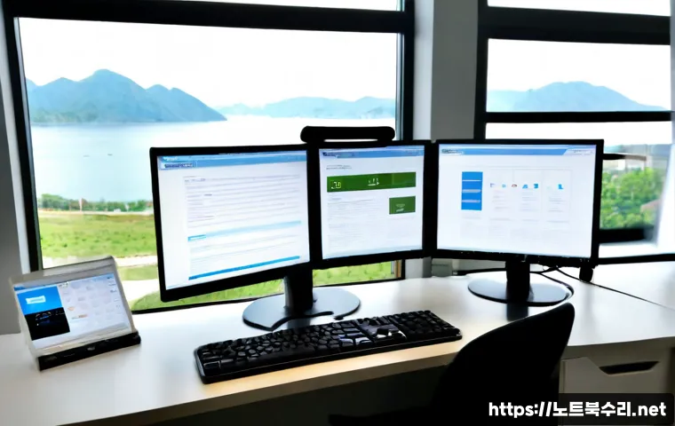 일산동구 PROCESS_HAS_LOCKED_PAGES - Photorealistic remote-support workstation in a modern office near a lakeside district, dual monitors...