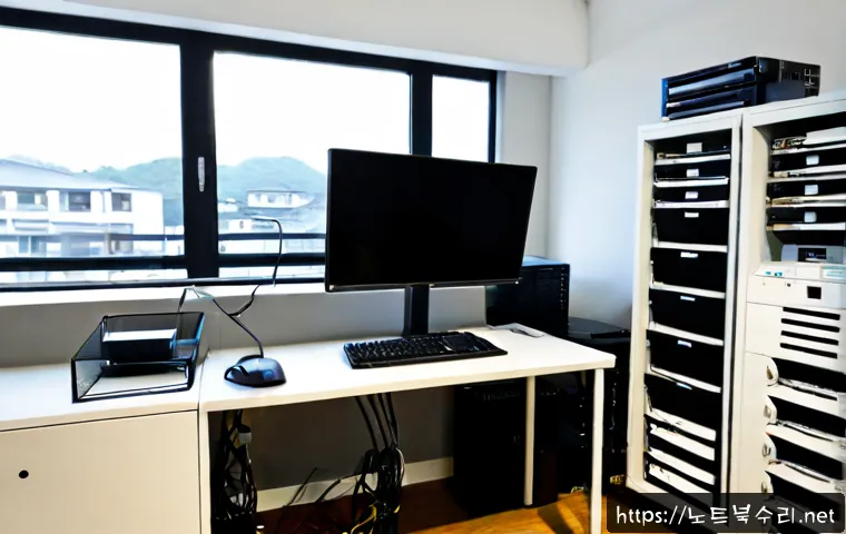 효자동 파일서버출장방문수리점 - Photorealistic IT technician servicing a compact office file server beside a clean dual-monitor work...