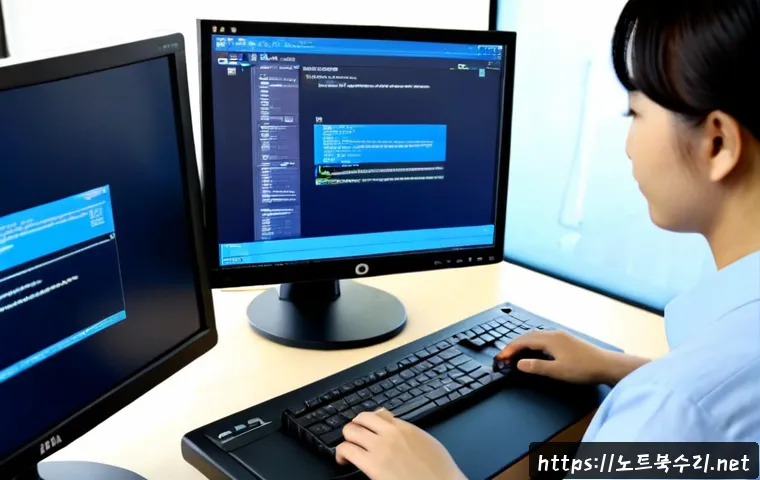 마장동 ACPI_BIOS_ERROR - Photorealistic IT support workstation in a compact Maja-dong office, desktop monitor showing a gener...