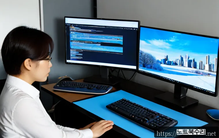 고담동 pc에 문제가 발생하여 다시 시작해야 합니다 - Photorealistic architectural workstation in a compact Gotham-dong office, dual monitors showing a bl...